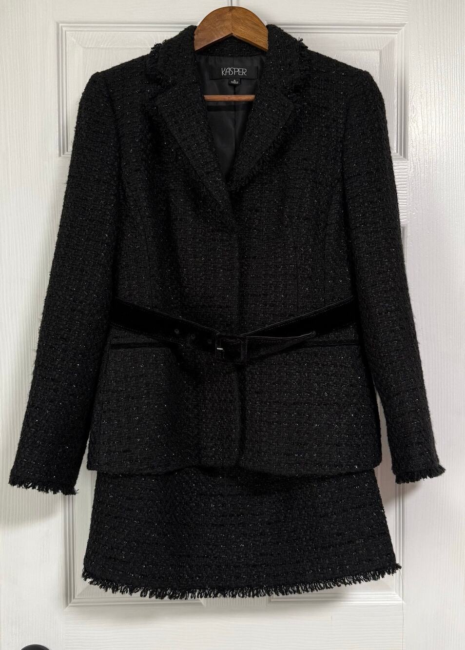 Kasper Women's Wool Blend Tweed Shimmer Fringe Belted Blazer Skirt Set Size 4